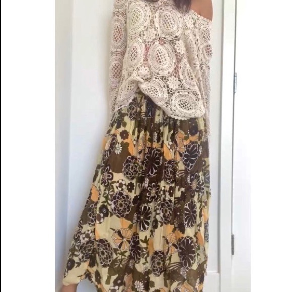 Floral brown, green, and yellow maxi tiered skirt - Picture 2 of 3